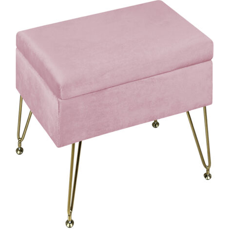 Pouf Contenitore Poggiapiedi Velluto Con Struttura Circolare Cromata Oro Elegante Imbottito Sgabello Per Toeletta Mobile Trucco Ottomano Ingresso Camera Da Letto Soggiorno Salotto Rotondo Rosa