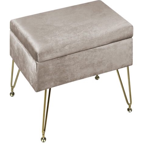 Pouf Contenitore Poggiapiedi Velluto Con Struttura Circolare Cromata Oro Elegante Imbottito Sgabello Per Toeletta Mobile Trucco Ottomano Ingresso Camera Da Letto Soggiorno Salotto Rotondo Tortora