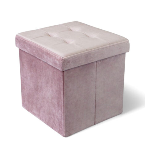 Pouf contenitore quadrato in velluto rosa per arredamento salotto 38x38x38 cm