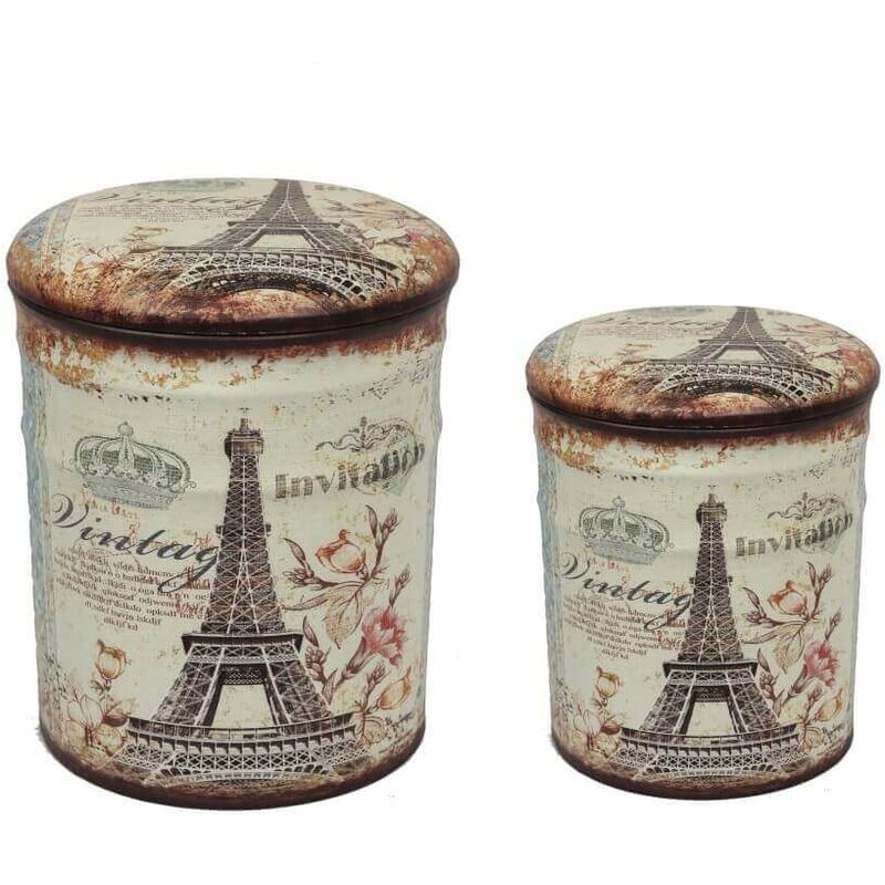 Pouf contenitori da interno in pvc con decoro Parigi Tour Eiffel set 2 pezzi - AntiqueWhite