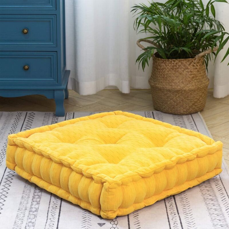 Pouf Coussin De Sol Carré Oreiller De Sol Chenille Oreiller De Méditation Coussins Épais Tuft Pour Salon Yoga Chambre Canapé (Jaune 19x19x4)