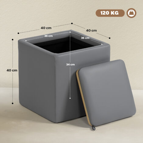 Pouf de rangement avec couvercle, repose-pieds carré, assise cube en similicuir, 40 x 40 x 40 cm, gris