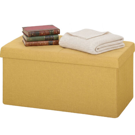 Pouf de rangement, banc de rangement pliable 84 L 76 x 38 x 38 cm, revêtement en lin synthétique jaune