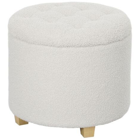 Pouf de rangement blanc avec couvercle, tabouret rond à assise, coffre de rangement avec pieds en bois
