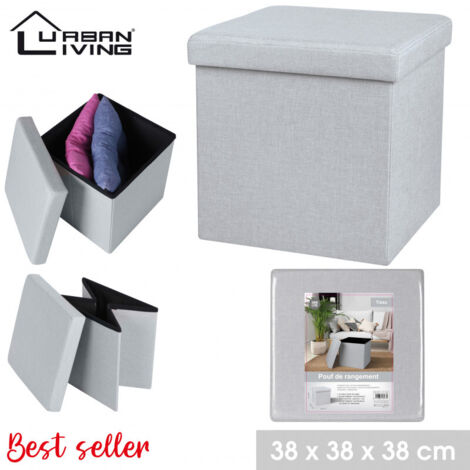 Pouf de rangement carré aspect lin - 37.5 x H 37,5 cm - Gris clair - Livraison gratuite