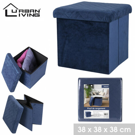 Pouf de rangement carré pliable en velours - 37.5 x H 37,5 cm - Bleu - Livraison gratuite