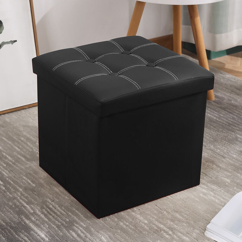 Pouf de Rangement Pouf en Simili Cuir Pliable Repose-Pieds carrés Tabourets Table Basse Cube Repose-Pieds siège 38x38x38 cm (Noir)