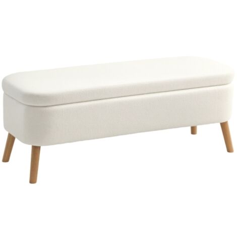 Pouf de rangement spacieux 65L en tissu polaire blanc crème, structure bois d'hévéa et mousse confortable pour salon et chambre