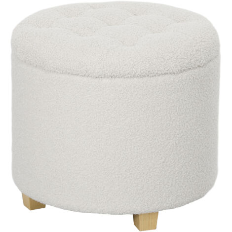 Pouf de rangement, tabouret avec couvercle, repose-pieds rond, coffre de rangement, pieds en bois, blanc