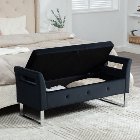 Pouf de rangement tendance en velours noir avec accoudoirs, structure confortable multifonction, idéal pour décorer et ranger salon, entrée et chambre