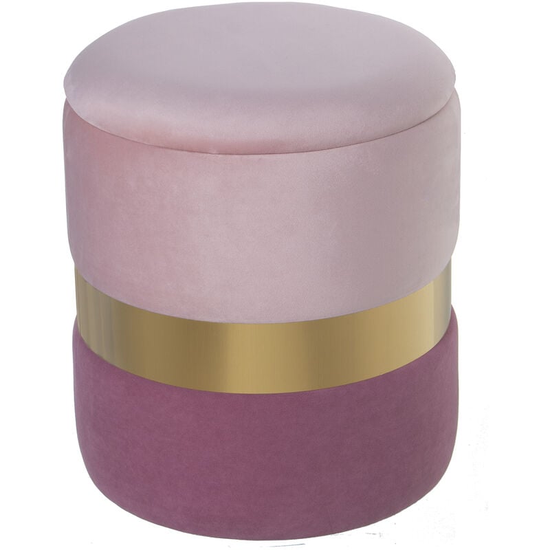 Pouf de Rangement Velours Rose 2 Tons, Bande Acier Doré 7C °37X43 Cm, Poly╔Ster/Dm