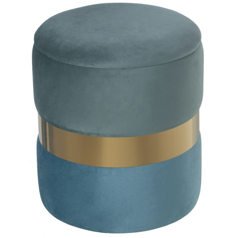 Pouf de rangement en velours vert d'eau/bleu avec bande en acier doré °37X43 cm, Poly╔Ster/Dm