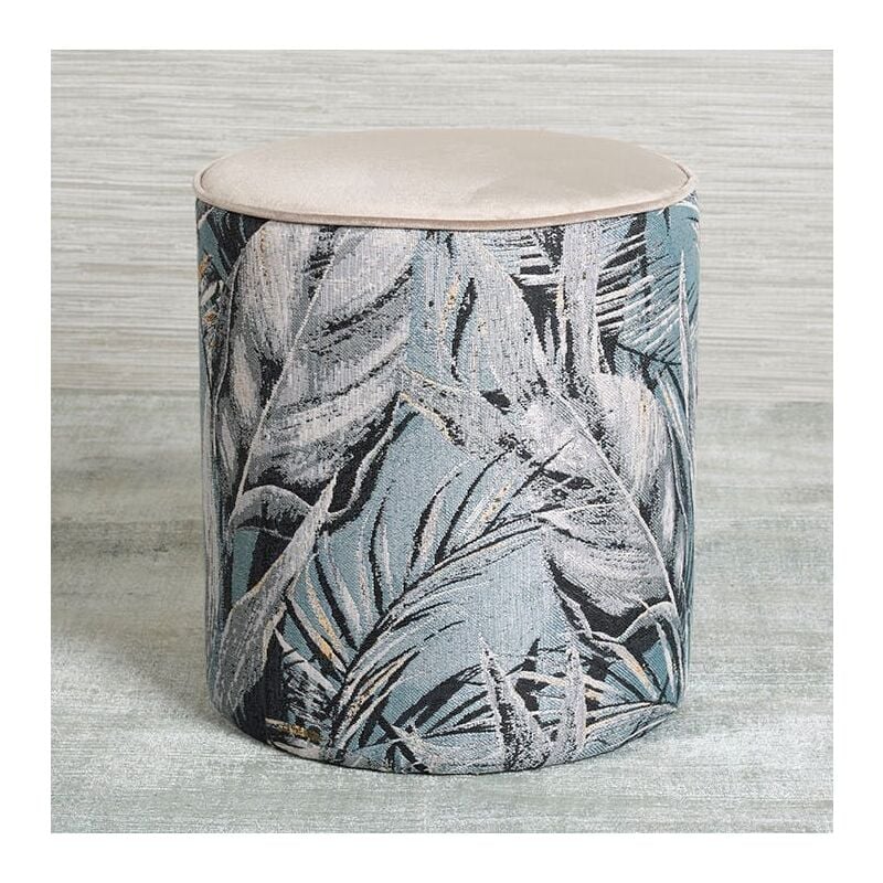 Pouf de salon motif feuillage beige et gris