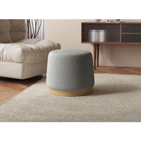 Pouf design en tissu effet peau de mouton gris et bois MELIA