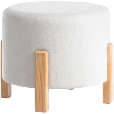 Pouf en Chenille Pieds en Bois Tabouret Repose-Pieds Ottoman Rond Blanc Cassé Terry