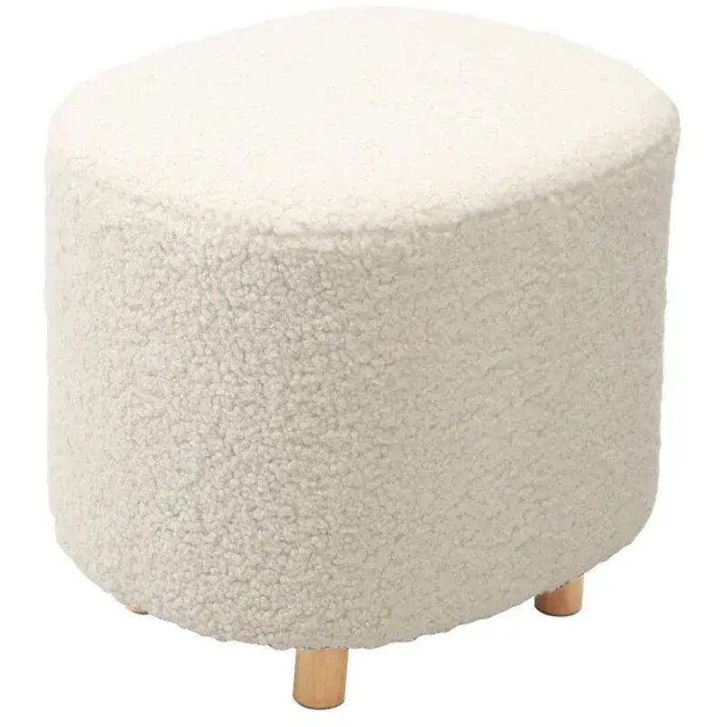 Pouf en tissu bouclette écru imitation laine et pieds en bois - shaun