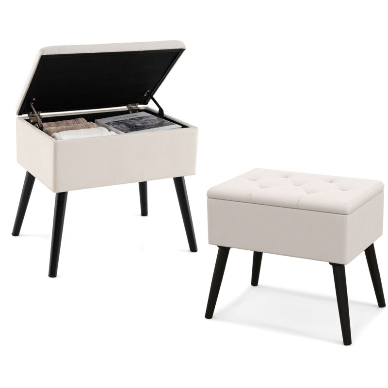 Pouf en Velours avec Pieds en Bois Massif & Siège Rembourré Rabattable, Tabouret Repose-Pieds avec Rangement, 53,5 x 38 x 46,5 cm, Charge 150KG, Beige