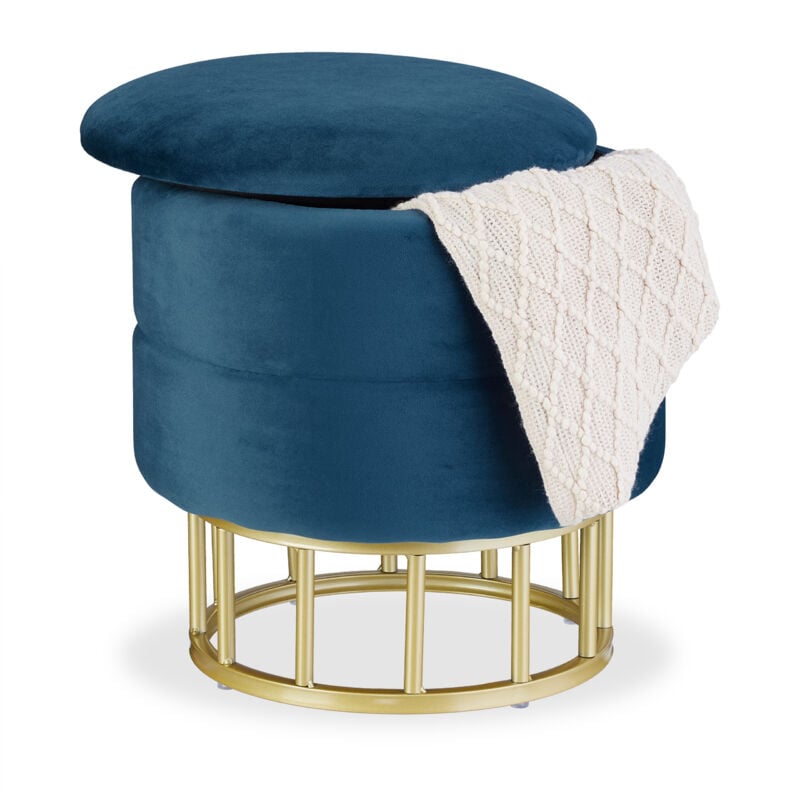Pouf de rangement, velours, tabouret rond, matelassé, HxD : 40 x 40 cm, chambre, salon, bleu/doré - Relaxdays