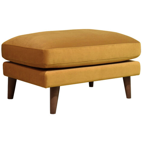 Pouf en velours pieds bois foncé - Jaune moutarde - VILLABON