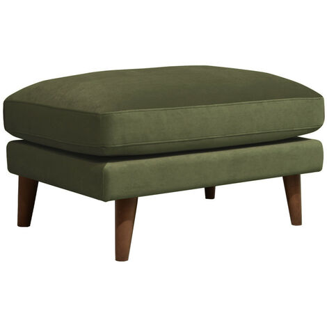 Pouf en velours pieds bois foncé - Vert olive - VILLABON