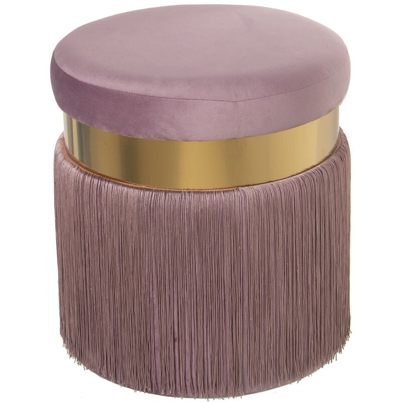 Pouf Velours Rose Avec Franges, Bande Acier Doré : 7 Cm, Dm/Poly °40X44 Cm, Franges : 29 Cm