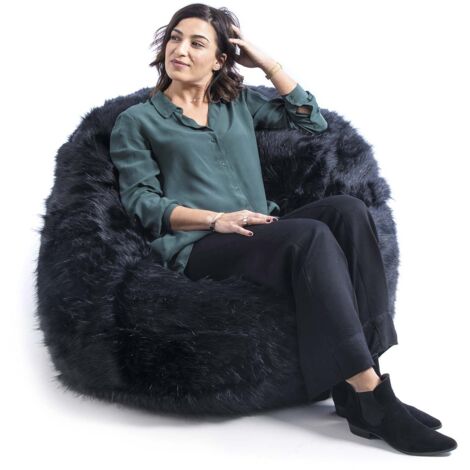 Pouf Fauteuil Rond XL Intérieur En Fourrure poil long Noir, Déhoussable, Pour Salon, chambre - TiTAN