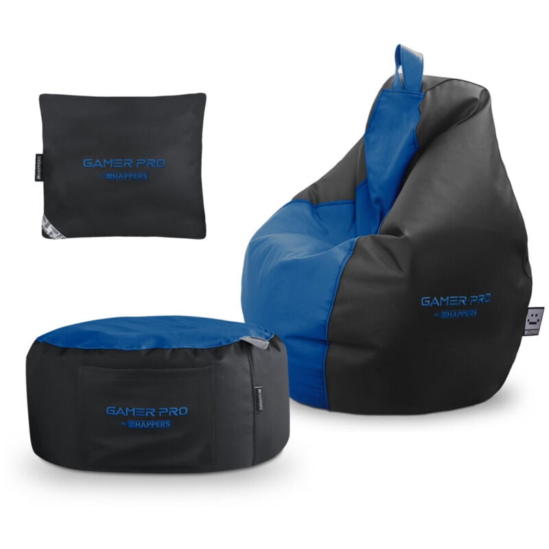 Pack Gamer Bleu : Pouf Gamer pro + Repose-pieds + Coussin Happers Pack Gamer pro Bleu