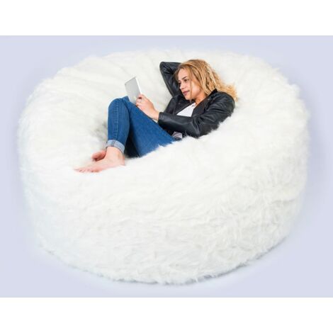 Pouf géant rond 150 cm ∅ en fourrure poil long blanc – Déhoussable – Rembourrage en billes de polystyrène – Pour intérieur