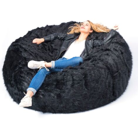 Pouf géant rond XXL en fourrure poil long noir – Déhoussable – Couture résistante – Billes de polystyrène – Norme M1 anti-feu