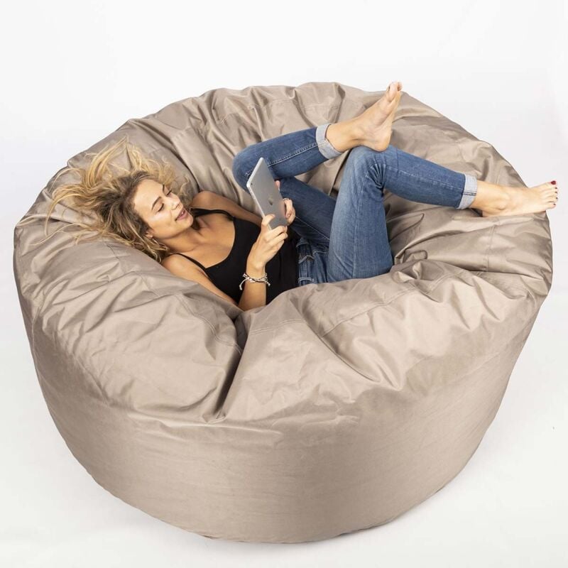 Pouf Géant Rond xxl Extérieur En Tissu Résistant Outdoor Taupe, Déhoussable, Pour Jardin, terrasse - TiTAN