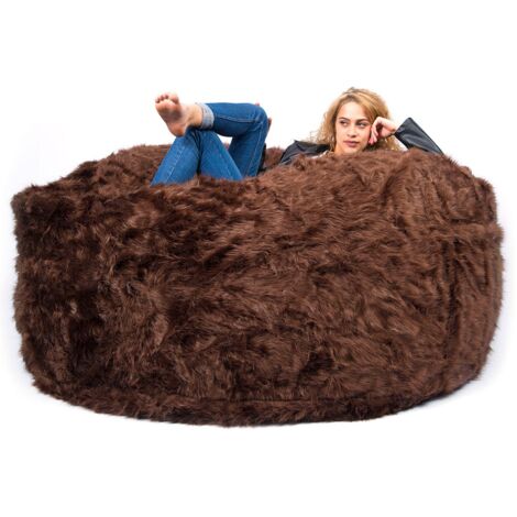 Pouf Géant Rond XXXL Intérieur En Fourrure poil long Marron, Déhoussable, Pour Salon - TiTAN