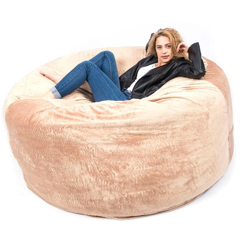Pouf Géant Rond xxxl Intérieur En Tissu Doux Polaire Beige, Déhoussable, Pour Salon - TiTAN