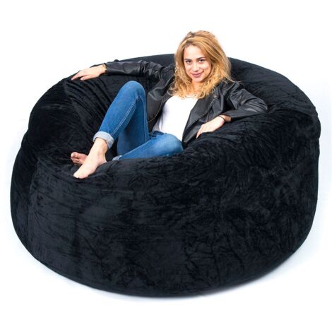 Pouf Géant Rond XXXL Intérieur En Tissu Doux Polaire Noir, Déhoussable, Pour Salon - TiTAN