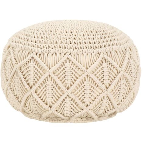 Sgabello poggiapiedi HWC-J43 rotondo 45x41cm macramé maglia ~ beige