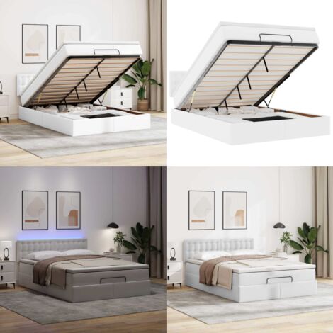 Pouf Letto con Materassi e LED Bianco Puro 140x200cm Similpelle - Materasso a molle - Stoccaggio sotto il letto