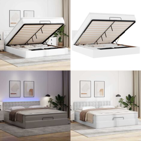 Pouf Letto con Materassi e LED Bianco Puro 160x200cm Similpelle - Materasso a molle - Letto con luci LED