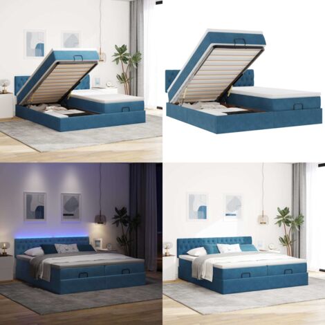 Pouf Letto con Materassi e LED Blu Scuro 200x200cm Velluto - Materasso a molle insacchettate - Giroletto con testiera