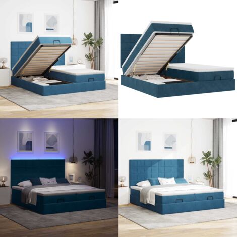 Pouf Letto con Materassi e LED Blu Scuro 200x200cm Velluto - Materasso a molle insacchettate - Letto con luci LED