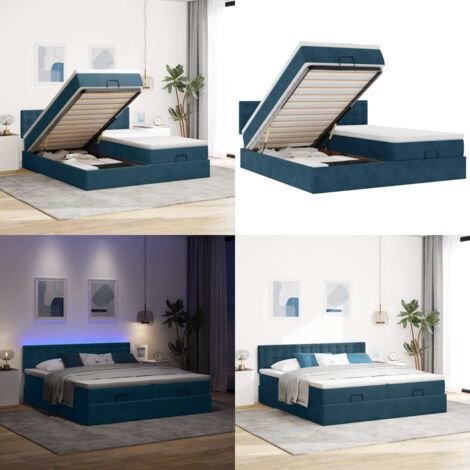 Pouf Letto con Materassi e LED Blu Scuro 200x200cm Velluto - Materasso a molle insacchettate - Letto con luci LED