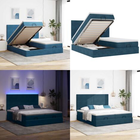 Pouf Letto con Materassi e LED Blu Scuro 200x200cm Velluto - Materasso a molle insacchettate - Letto con luci LED