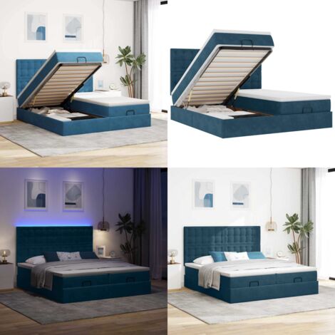 Pouf Letto con Materassi e LED Blu Scuro 200x200cm Velluto - Materasso a molle insacchettate - Letto con luci LED