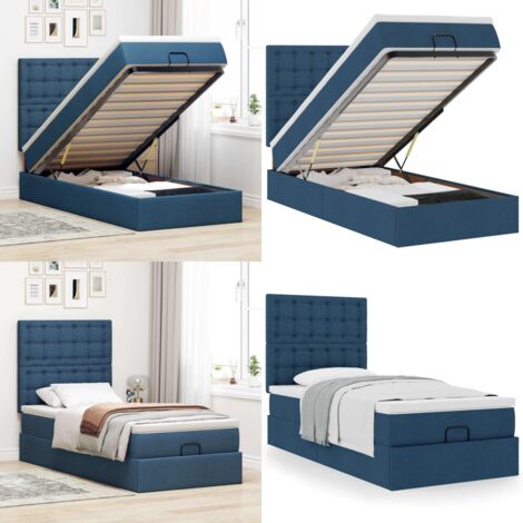 Pouf Letto con Materasso Blu 100x200 cm in Tessuto - Materasso a molle insacchettate - Letto con spazio di stoccaggio