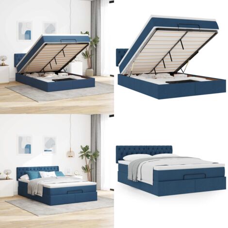 Pouf Letto con Materasso Blu 140x190 cm in Tessuto - Materasso a molle - Letto con vano portaoggetti