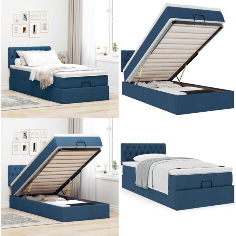 Pouf Letto con Materasso Blu 90x200 cm in Tessuto - Materasso a molle insacchettate - Letto con stoccaggio