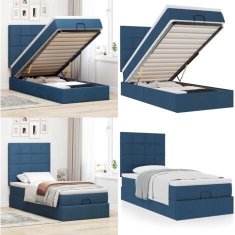 Pouf Letto con Materasso Blu 90x200 cm in Tessuto - Materasso a molle insacchettate - Letto con stoccaggio