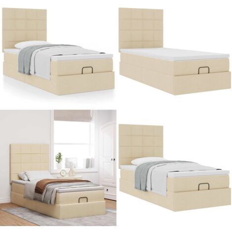 Pouf Letto con Materasso Crema 100x200 cm in Tessuto - Materasso a molle insacchettate - Letto con stoccaggio