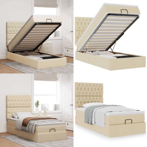 Pouf Letto con Materasso Crema 100x200 cm in Tessuto - Materasso a molle insacchettate - Letto con stoccaggio