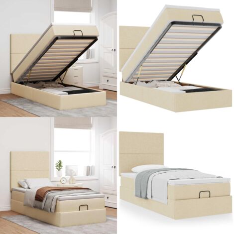 Pouf Letto con Materasso Crema 100x200 cm in Tessuto - Materasso a molle insacchettate - Letto con stoccaggio