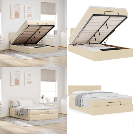Pouf Letto con Materasso Crema 140x190 cm in Tessuto - Materasso a molle insacchettate - Letto con stoccaggio