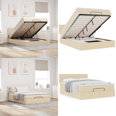 Pouf Letto con Materasso Crema 140x200 cm in Tessuto - Materasso a molle - Letto con stoccaggio